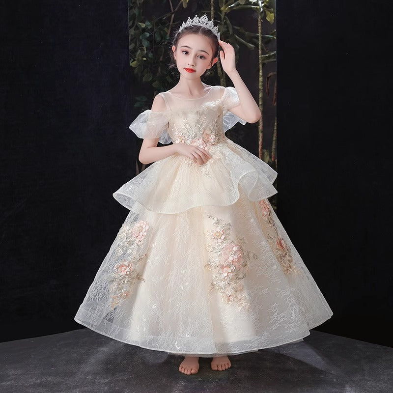 Champagne Flower Girl Fluffy Princess Dress Birthday Party Dress
