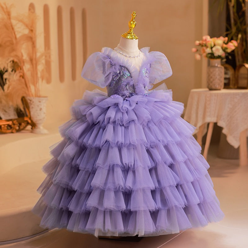 Flower Girl Dress Children Formal Pageant Purple Flower Fluffy Cute Princess Dress