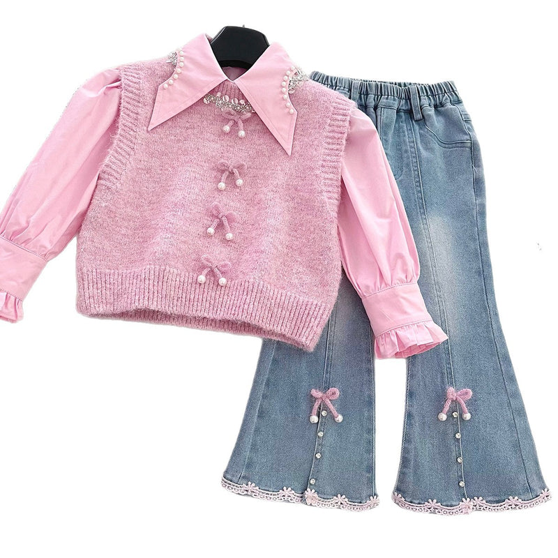 Girls' Sweater Vest Shirt Flared Jeans Three-piece Suit