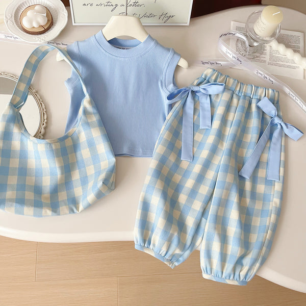 Girls Suit Children's Sleeveless T-shirt Plaid Pants Two-piece Suit