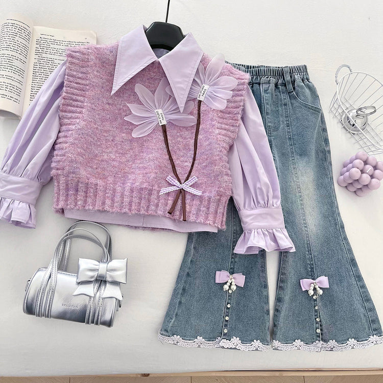 Girls' Floral Knitted Vest Shirt and Flared Jeans Three-Piece Set