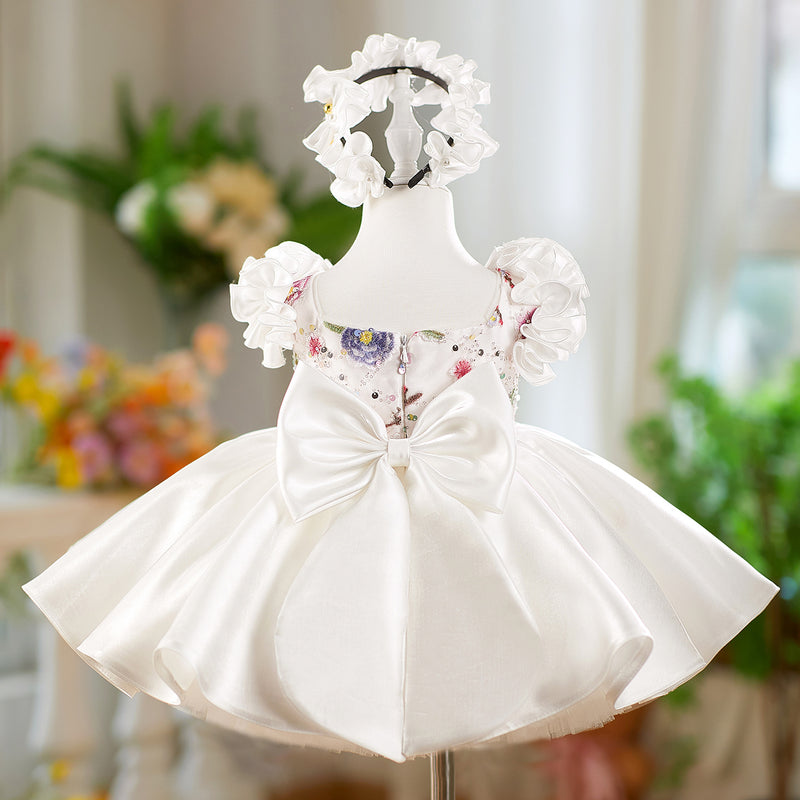 Girls White Birthday Satin Dress Flower Girl Puffy Princess Dress