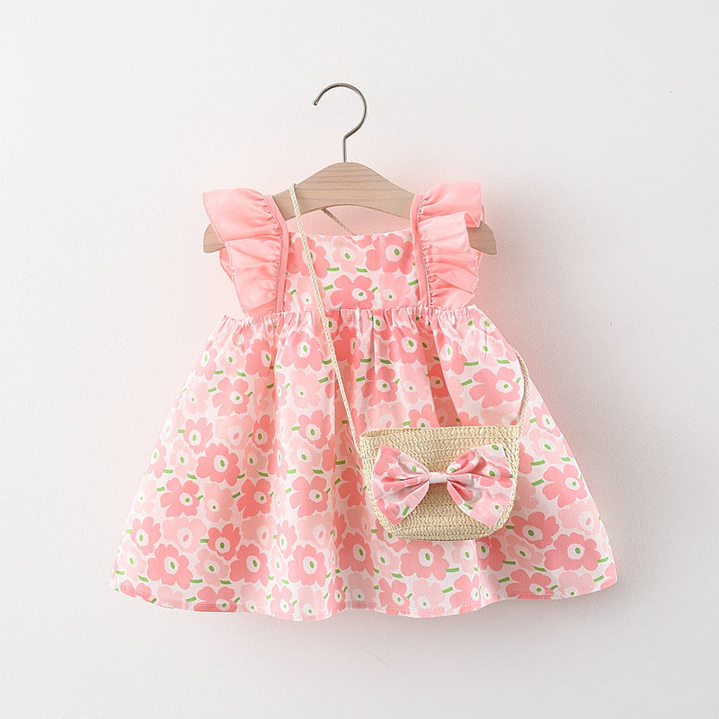 New Summer Girls' Floral Flying Sleeve Princess Dress