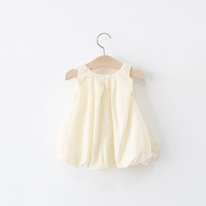 Girls Summer Sleeveless Solid Color Bowknot Flower Bud Princess Dress