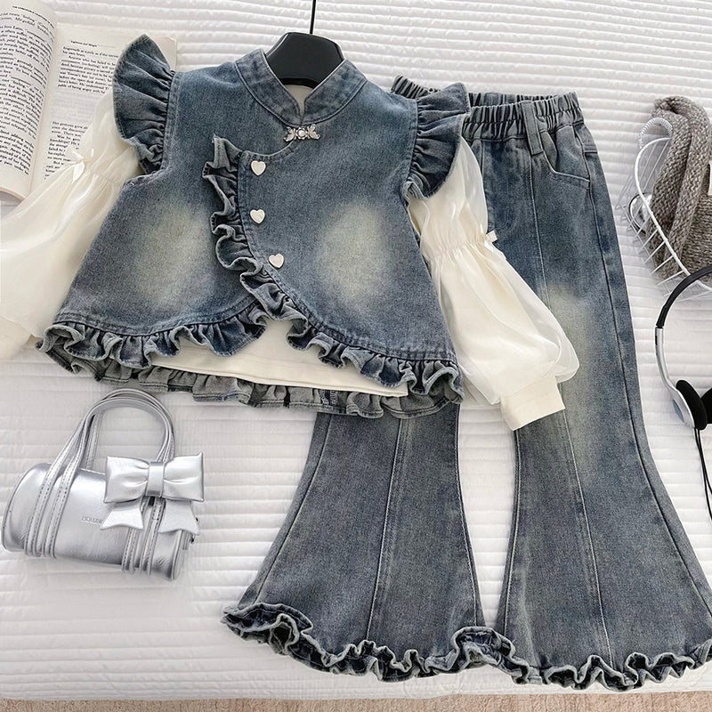 Girls' Autumn Base Layer Denim Vest Flared Pants Three-Piece Set