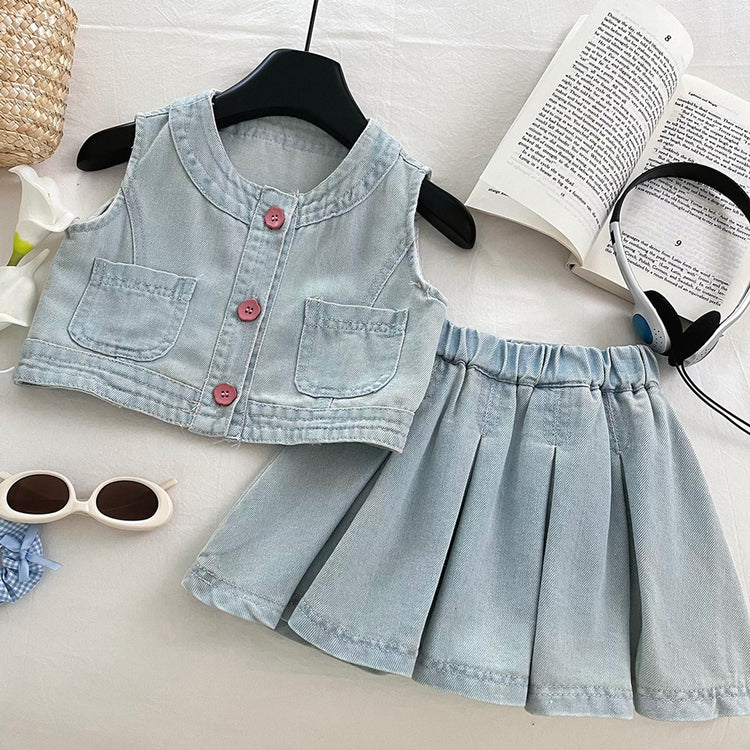 Girls Summer Thin Soft Denim Vest Skirt Two-piece Set