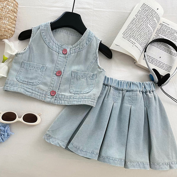 Girls Summer Thin Soft Denim Vest Skirt Two-piece Set