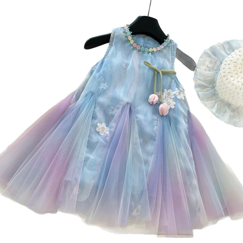 Girls Summer New Sleeveless Mesh Splicing Vest Princess Dress