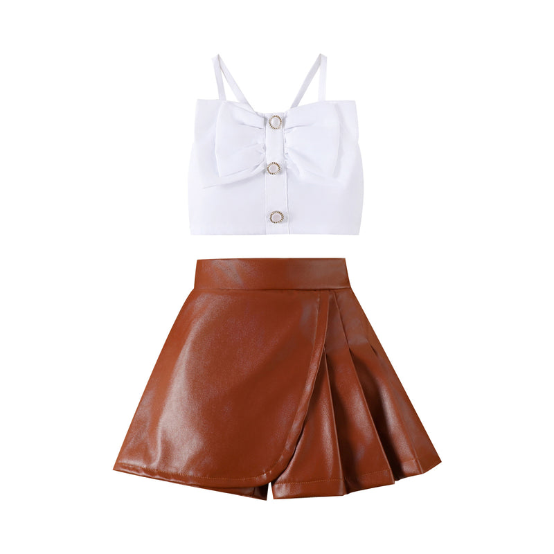 Girls Bowknot Camisole PU Leather Skirt Pants Two-piece Set
