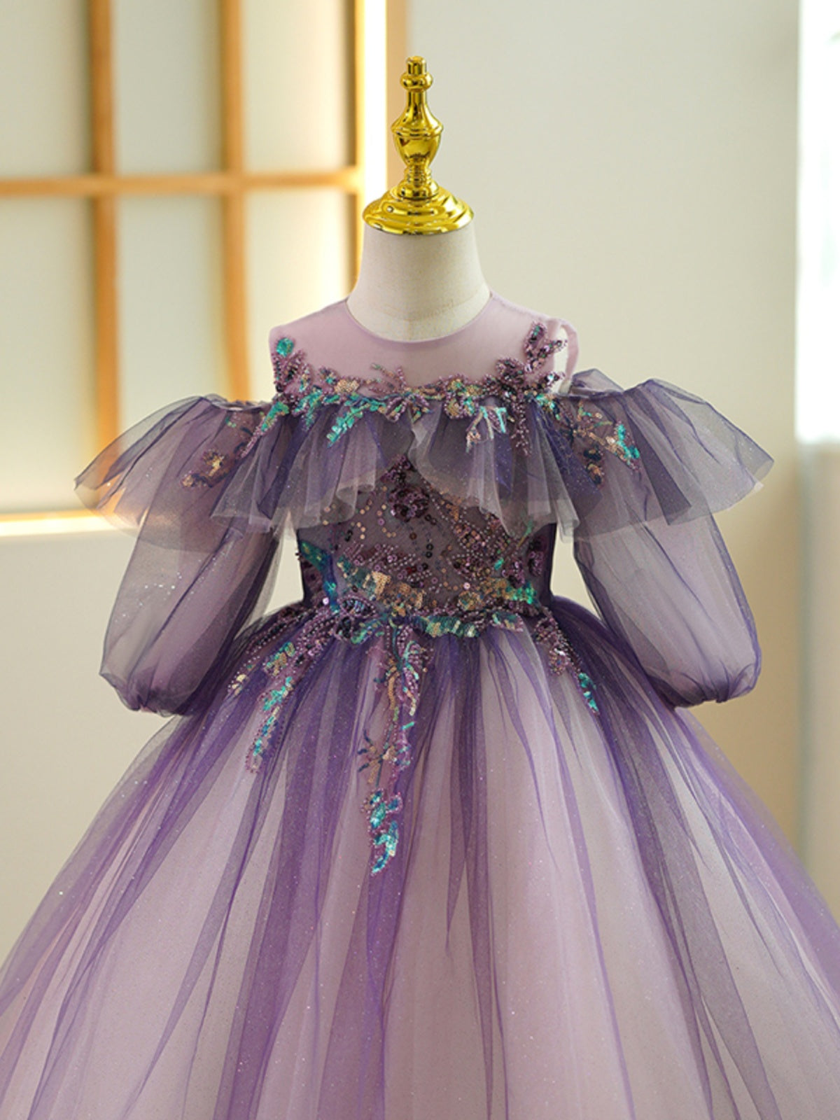 VeraQueen Girls Off Shoulder Pageant Dress - Long Tulle Princess Birthday Party Dress In Grape