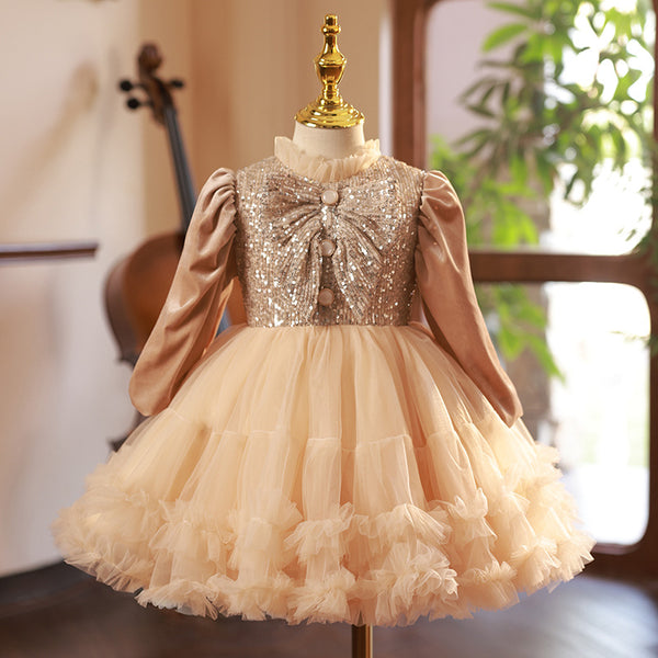 Elegant Baby Girls Gold Sequin Puff Ball Gowns Toddler Girl Party Dresses