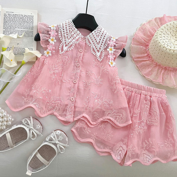 Girls Summer Flying Sleeve Embroidered Top and Shorts Two-piece Set