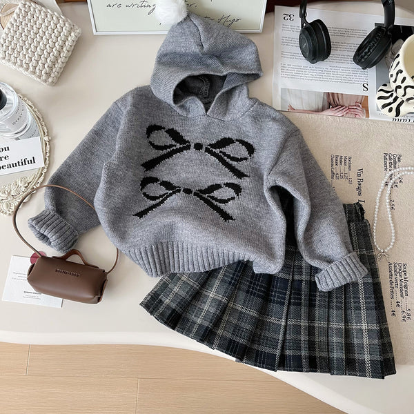 Girls' Hooded Sweater and Plaid Skirt Two-piece Set