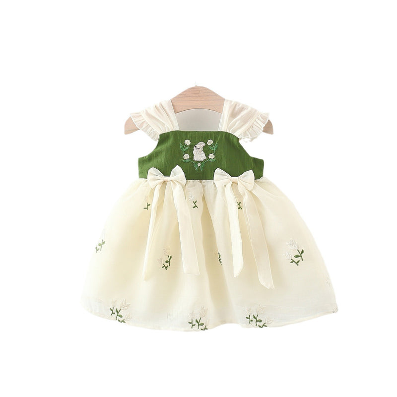 Girls Summer Dress Girls Rabbit Embroidered Suspender Dress