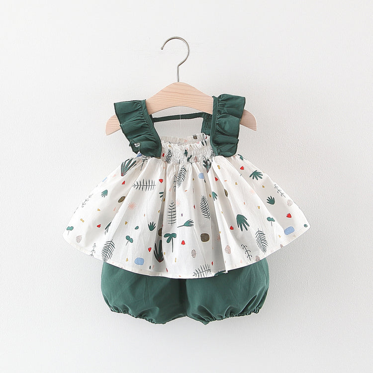 New Summer Girls' Printed Vest Suspenders Two-piece Set