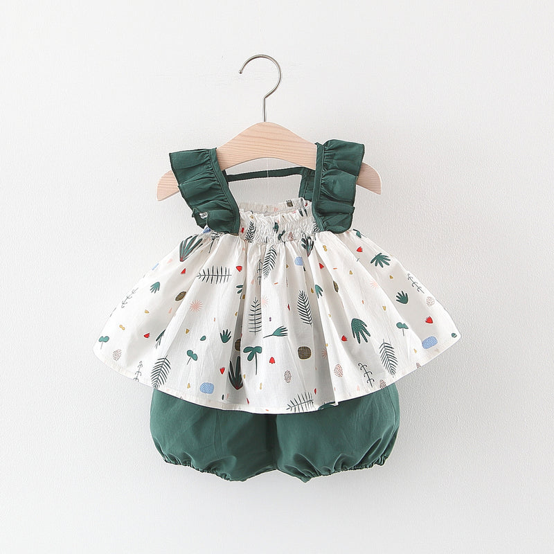 New Summer Girls' Printed Vest Suspenders Two-piece Set