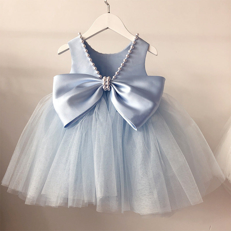 Summer  Baby Flower Girl Blue V-neck Dress Toddler Birthday Party Dress