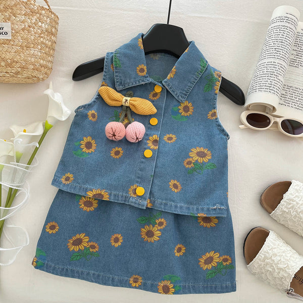 Girls Summer Printed Denim Top Skirt Two-Piece Set