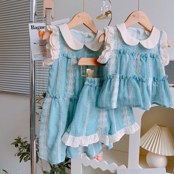 New Summer Girls' Doll Collar Dress Two Piece Set