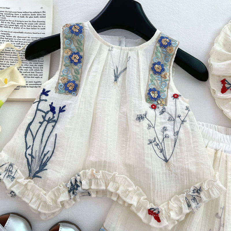 Girls' Sleeveless Hollow Bow Top and Shorts Two-piece Set