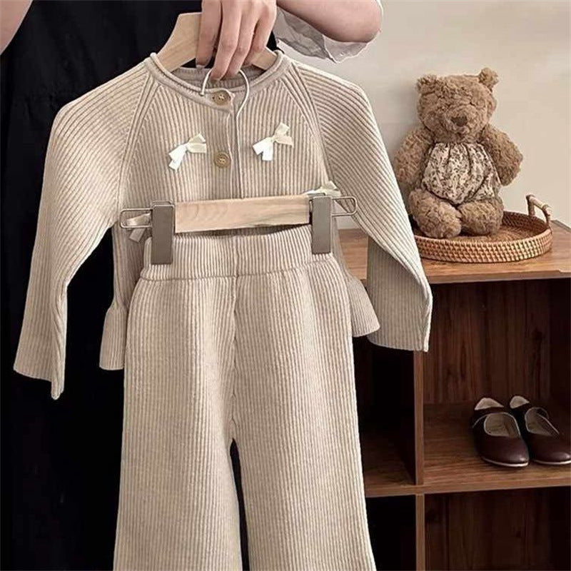 Girls' Autumn Knitted Cardigan Top and Pants Two-Piece Set