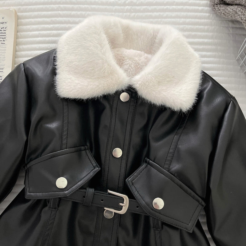 Girls' Winter Slim Fit Warm PU Leather Soft Coat