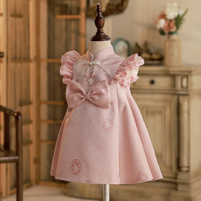 Sweet Baby Pink Buttoned Bow Baby Romper Baby's First Birthday Dress