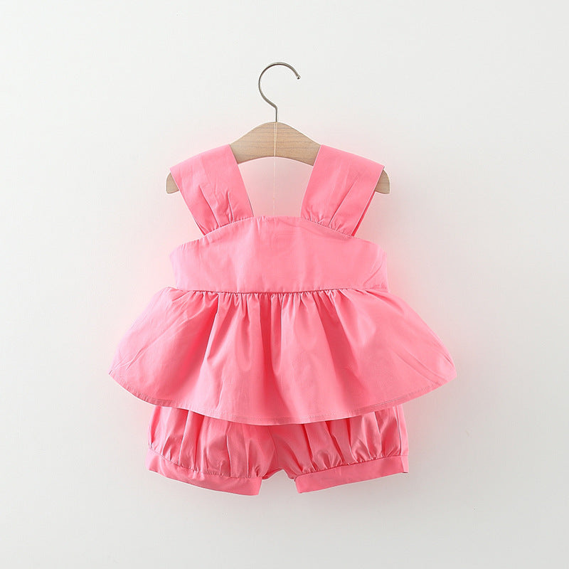 Summer New Girls Bow Solid Color Suspender Shorts Two-piece Set