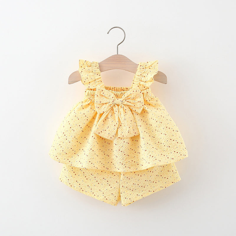 Baby Girls Cute Suit Girls Flying Sleeve Bowknot Dress Shorts Two-piece Suit