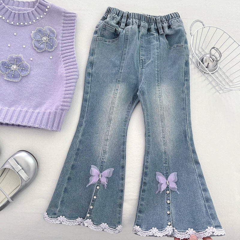 Girls' Beaded Flower Knitted Vest Shirt and Jeans Three-Piece Set