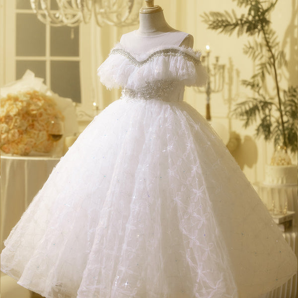 Girls Birthday White One Shoulder Dress Girls Prom Princess Dress