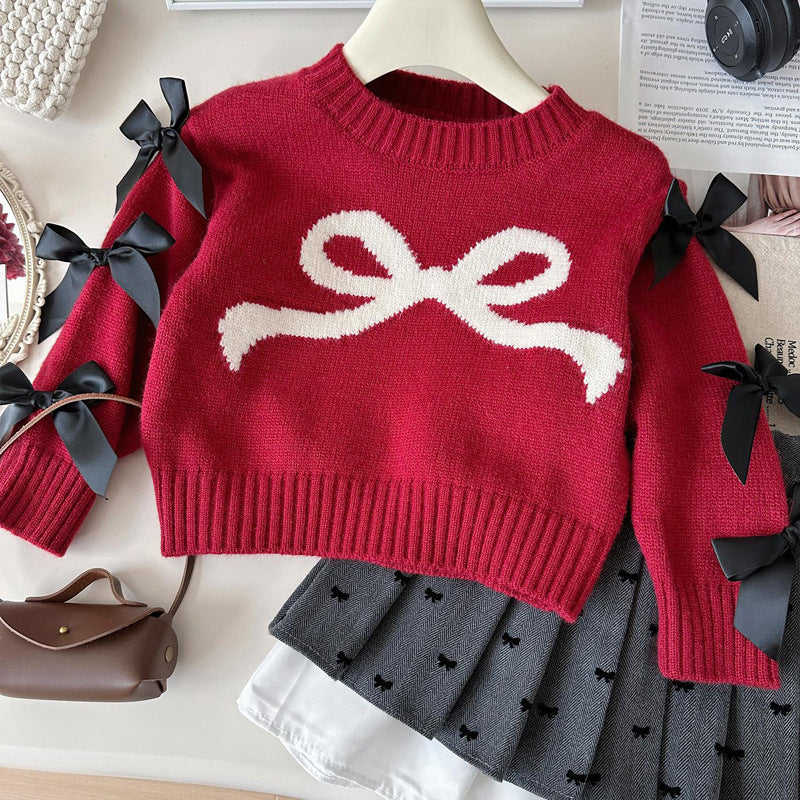 Girls Bowknot Long-sleeved Knitted Sweater Skirt Two-Piece Set