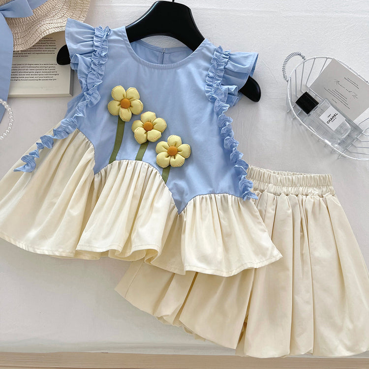 Girls' New Flower Color Matching Top Shorts Two-piece Set