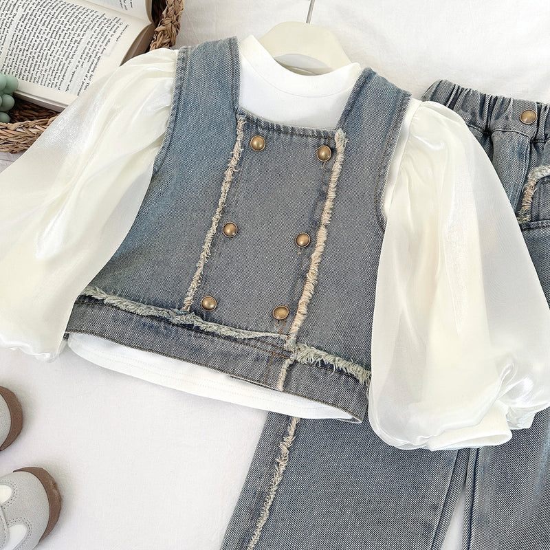 Girls' Autumn New Denim Vest and Jeans Two-piece Set