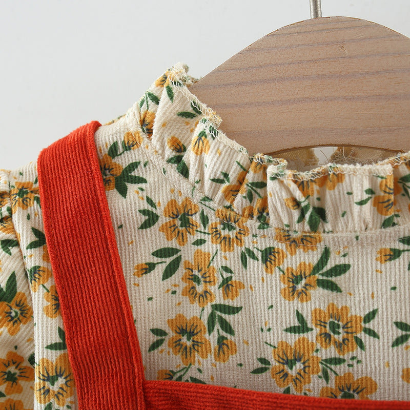 Girls Autumn Printed Suspenders Fake Two Piece Dress