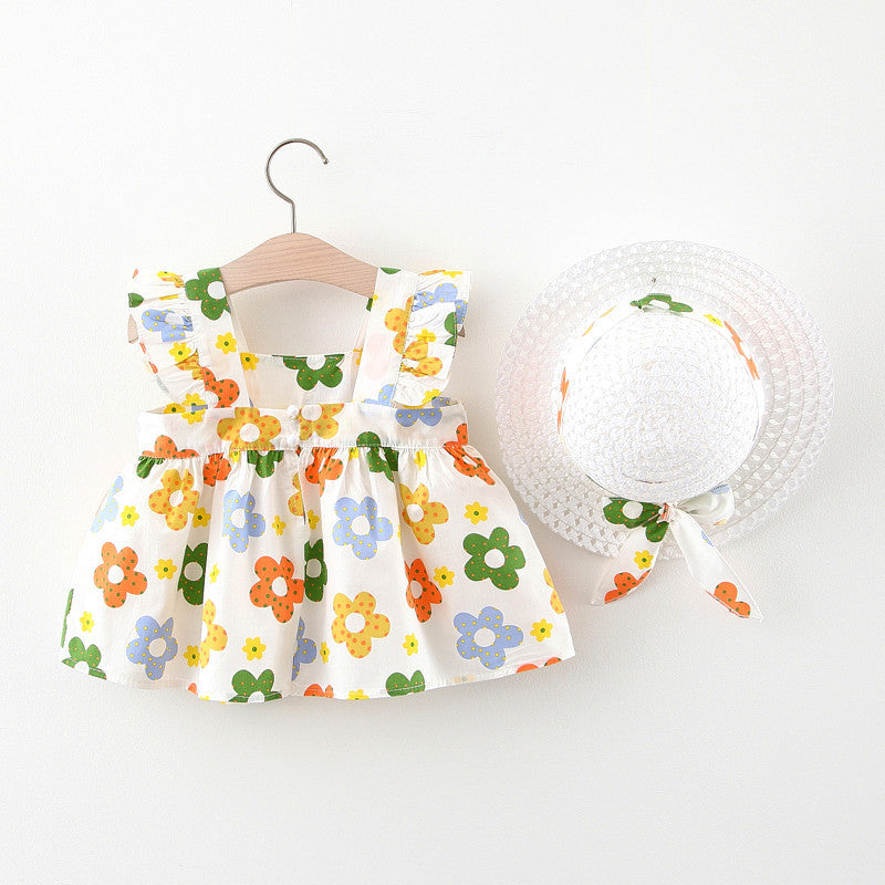 Summer New Girls Cotton Printed Flying Sleeve Dress
