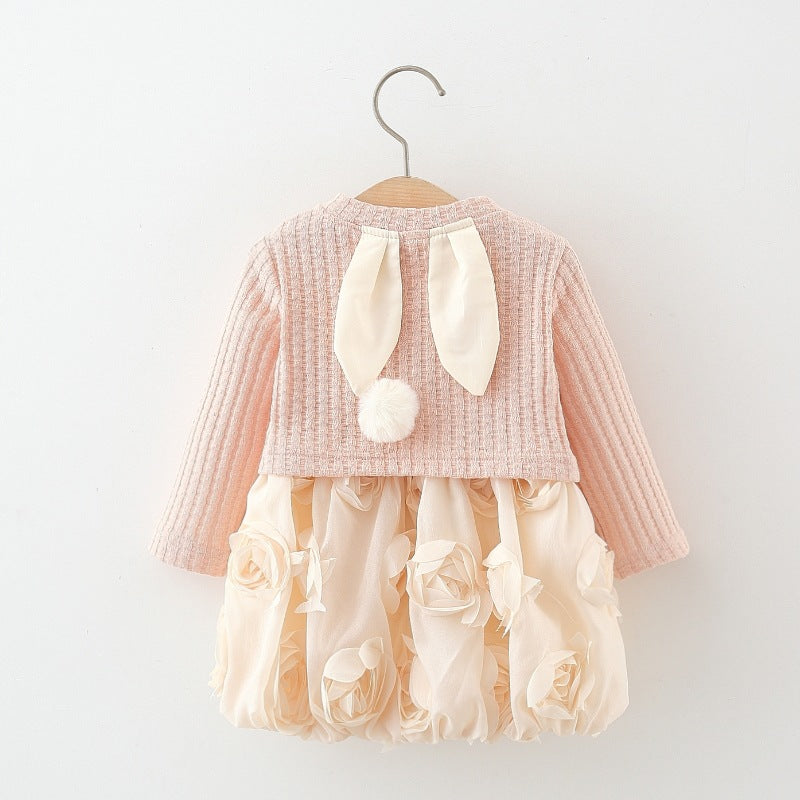 Girls Knitted Cardigan Rose Bud Princess Skirt Two-Piece Set
