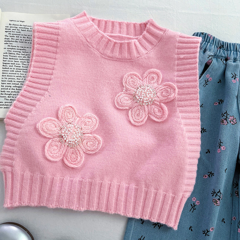 Autumn Girls Knitted Vest Shirt Printed Jeans Three-Piece Set