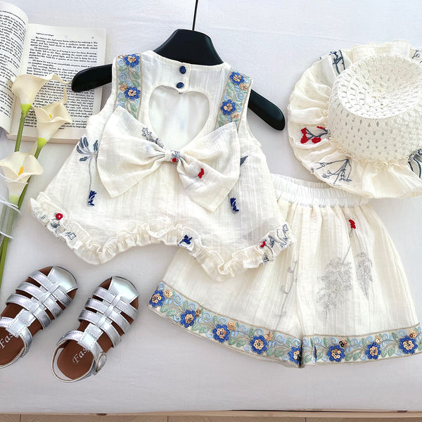 Girls' Sleeveless Hollow Bow Top and Shorts Two-piece Set
