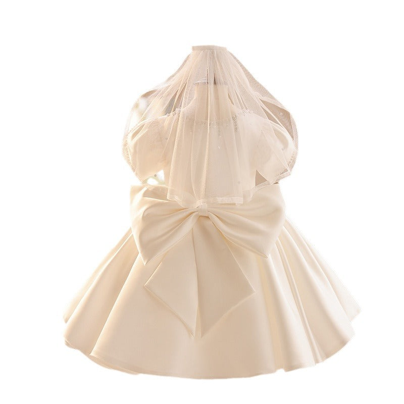 Elegant Baby Girl White Satin Flower Girl Dress Toddler First Birthday Dress