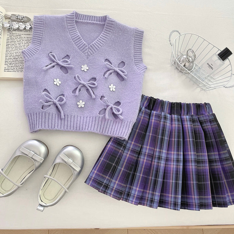 Girls' Knitted Vest Shirt and Plaid Skirt Three-piece Set