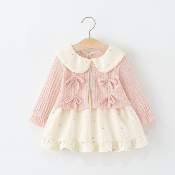 Girls' Doll Collar Floral Bow Fake Two-piece Dress