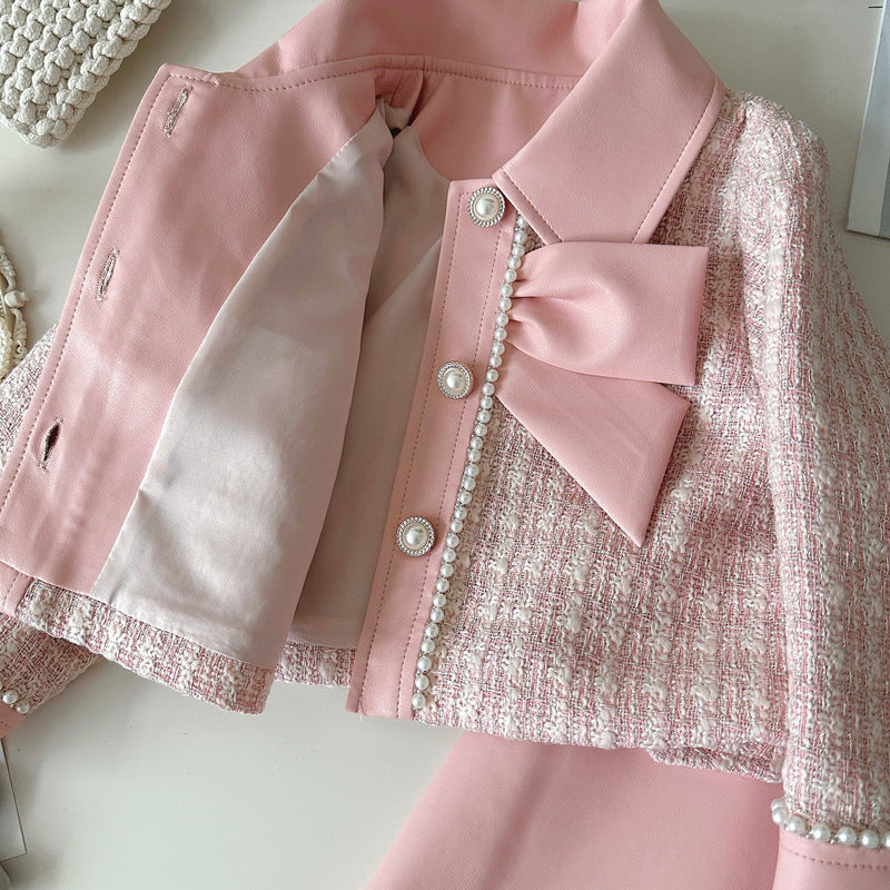 Spring Girls PU Leather Splicing Plaid Jacket Skirt Two-Piece Set