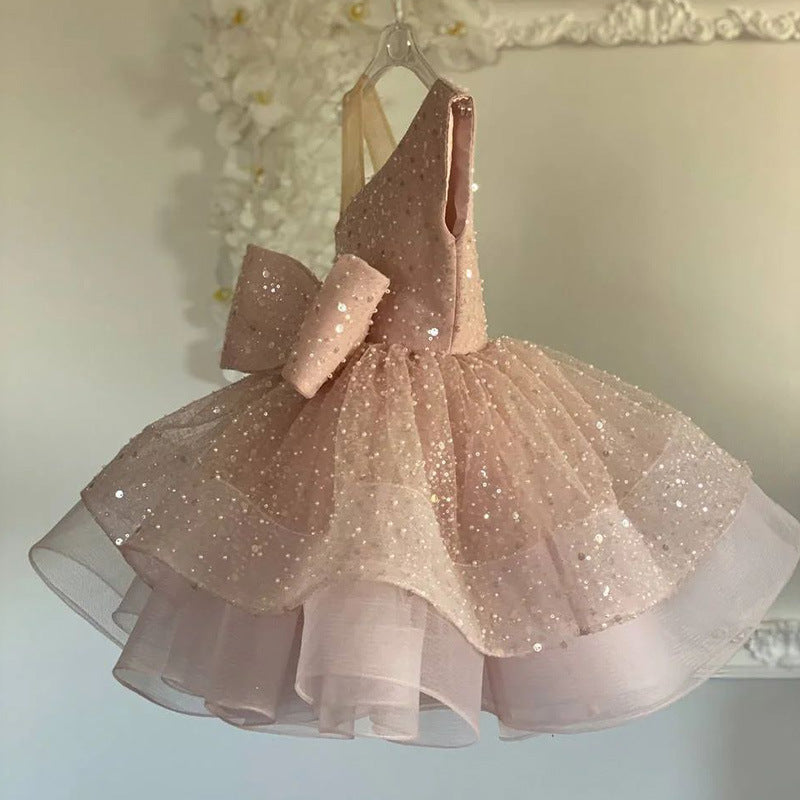 Children's Sequin Bowknot Dress Girls Sleeveless Puffy Princess Dress