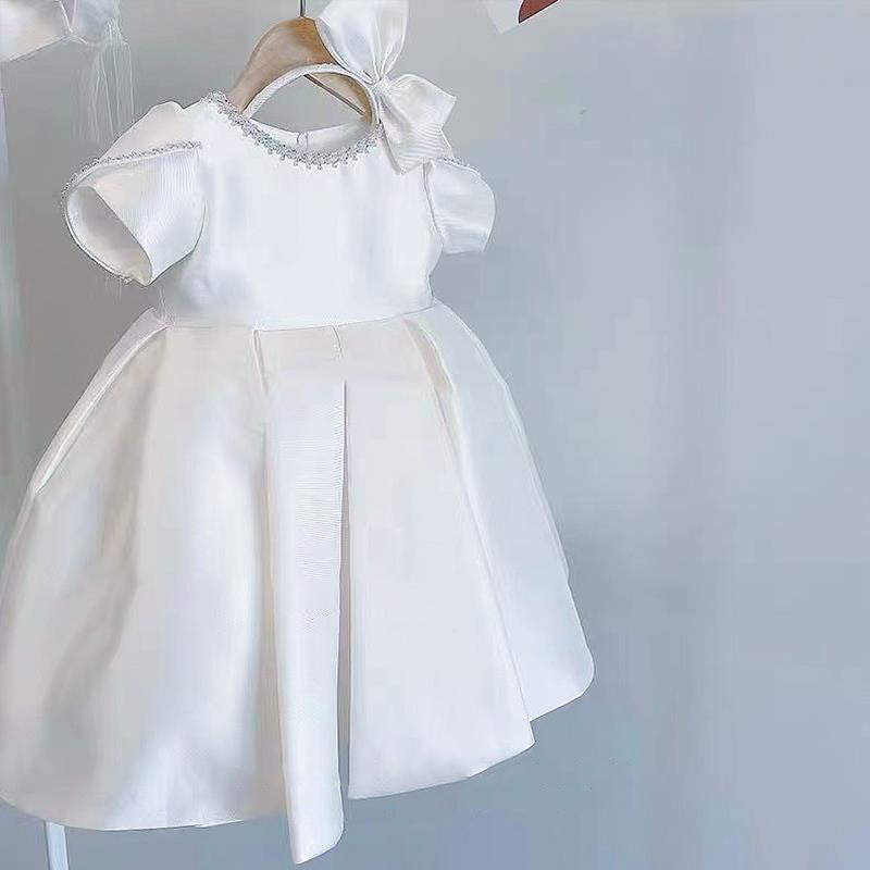 Elegant Baby Girls White Round Neck First Birthday Dress Toddler Birthday First Communion Dress