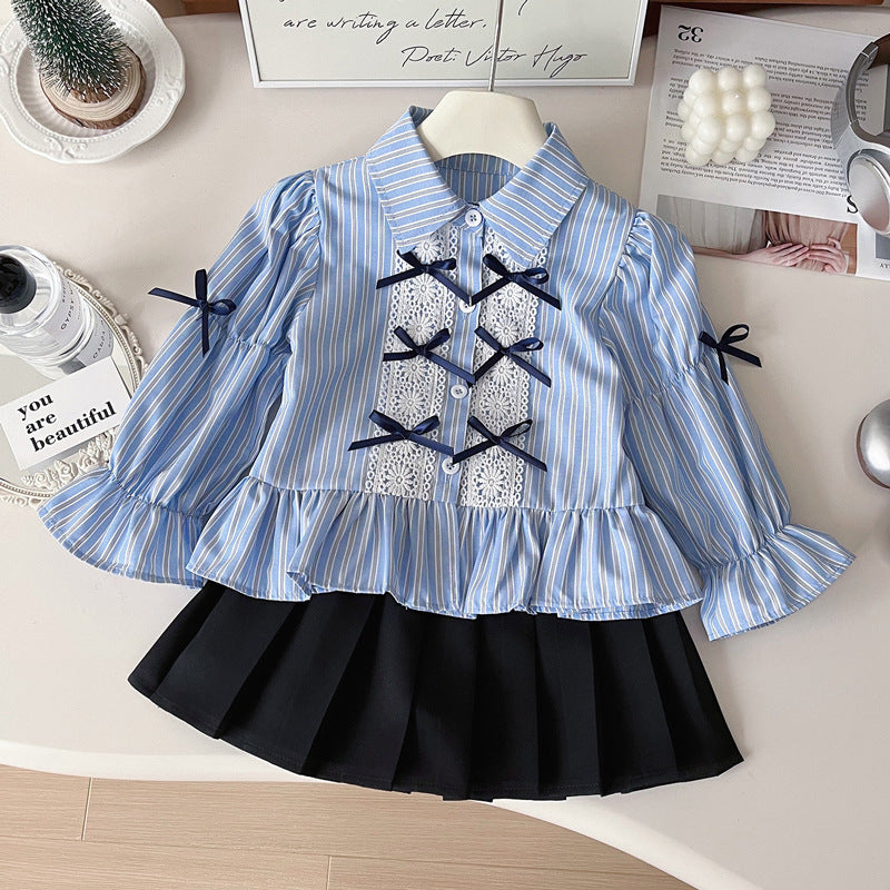 Girls' Autumn New Bow Striped Shirt Pleated Skirt Two-piece Suit