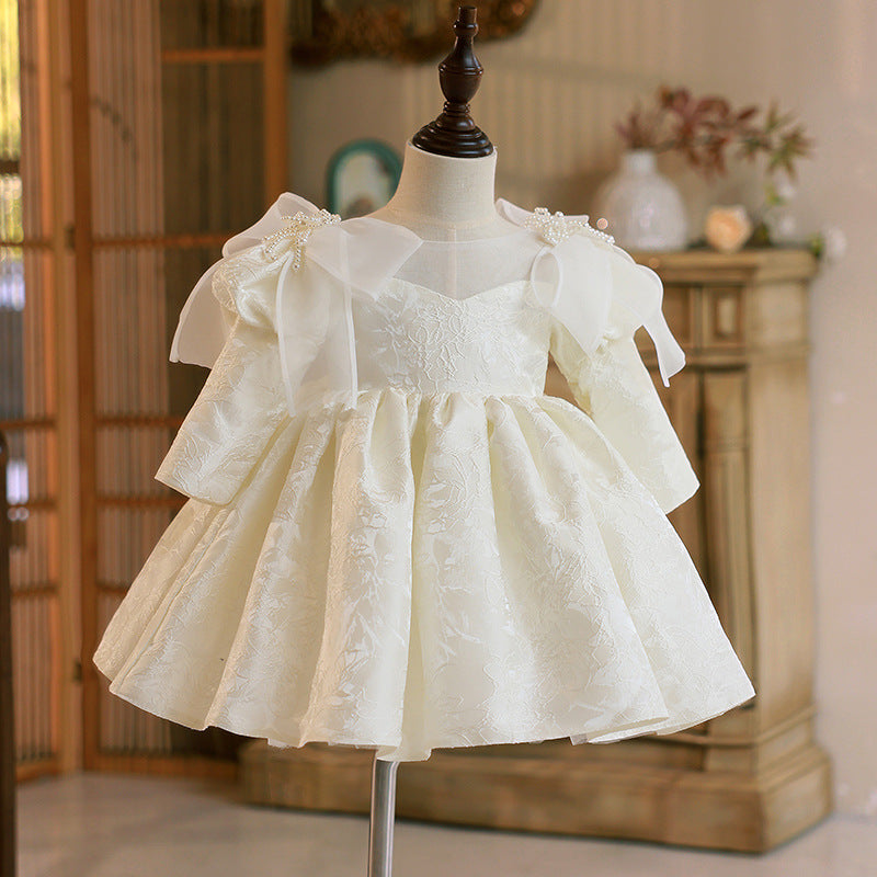 Elegant Baby Girl White Long Sleeve Bow Embroidered Princess Dresses For Girls Toddler Pageant Dresses