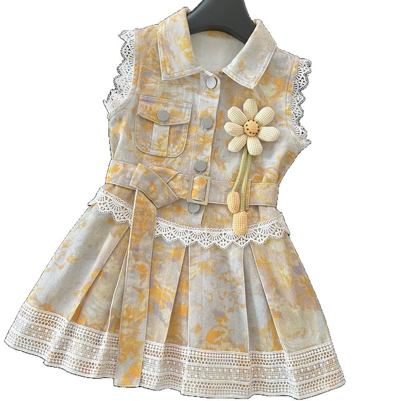 Girls Summer Sleeveless Denim Lapel Lace Princess Dress