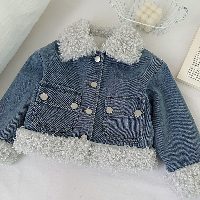 New Girls' Fur-lined Denim Jacket Skirt Two-Piece Set