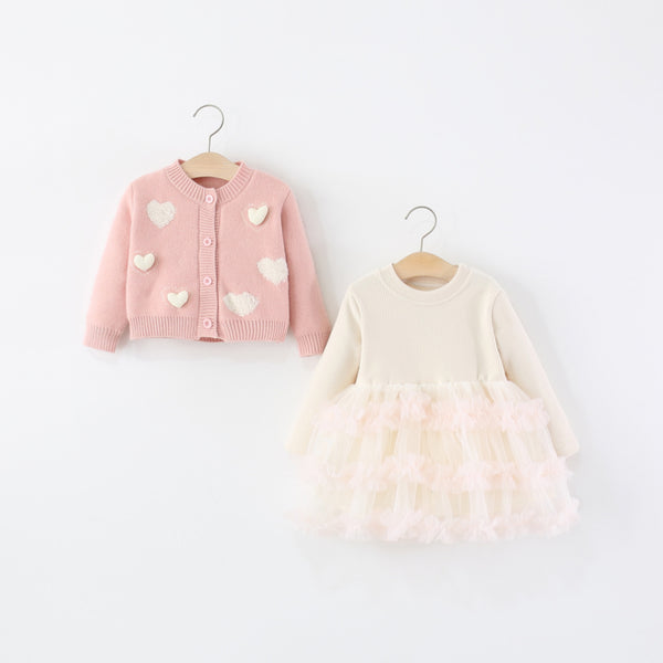 Girls Autumn Heart Sweater Cardigan Cake Princess Dress Two-Piece Set